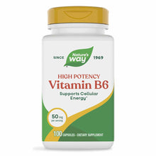 White and green vitamin bottle with gold cap labeled "Nature's Way High Potency Vitamin B6 50 mg, 100 capsules."