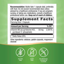 Vitamin B-6 50 mg supplement facts label with gluten-free, dairy-free, and no artificial colors or flavors icons on green bac