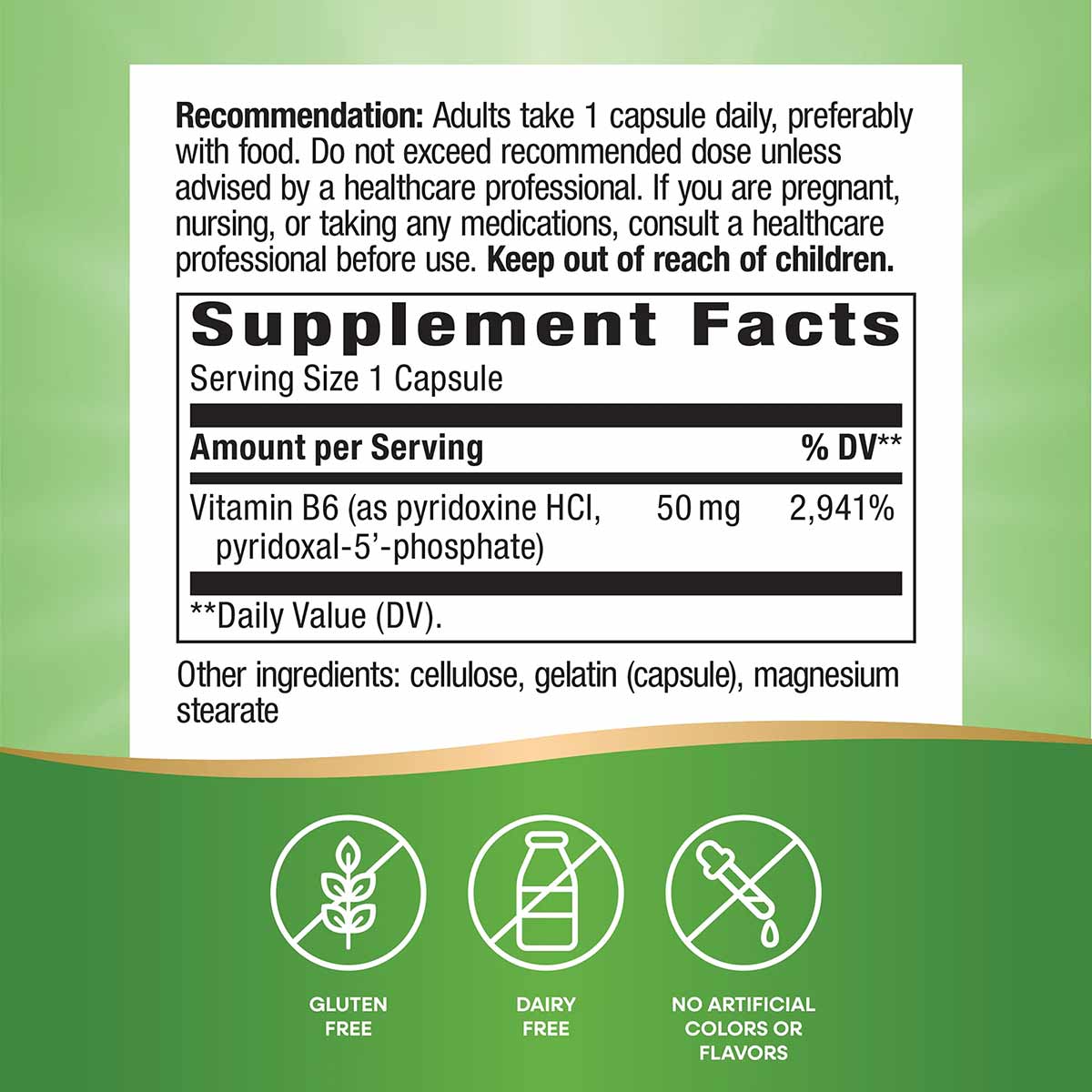 Vitamin B-6 50 mg supplement facts label with gluten-free, dairy-free, and no artificial colors or flavors icons on green bac