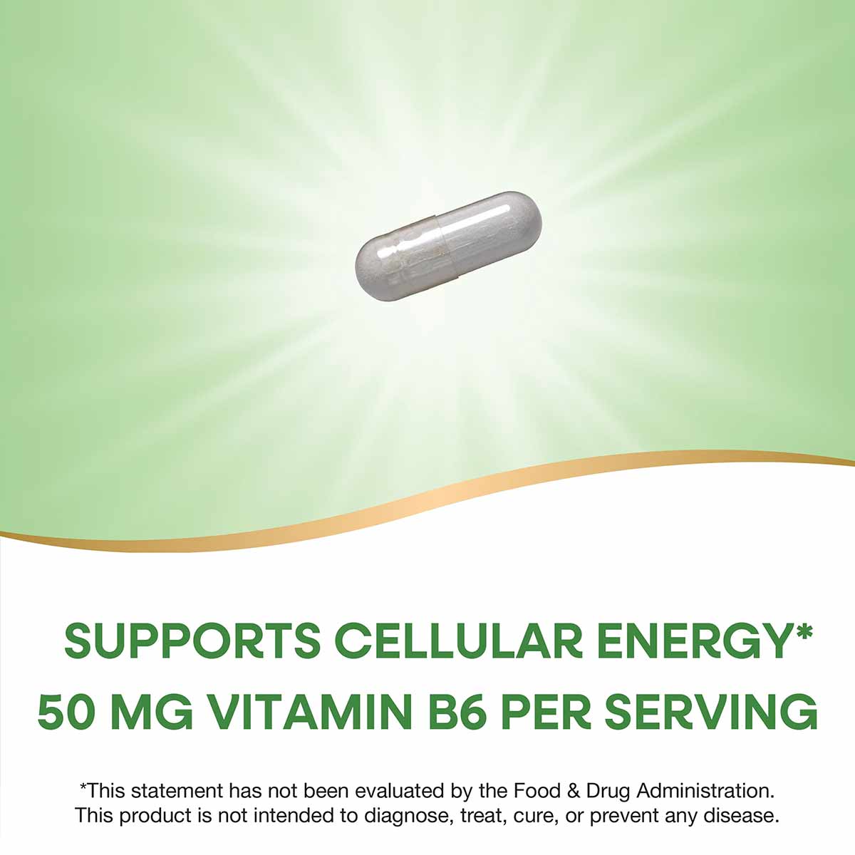 Gray capsule tablet on green background with radiating light effect.