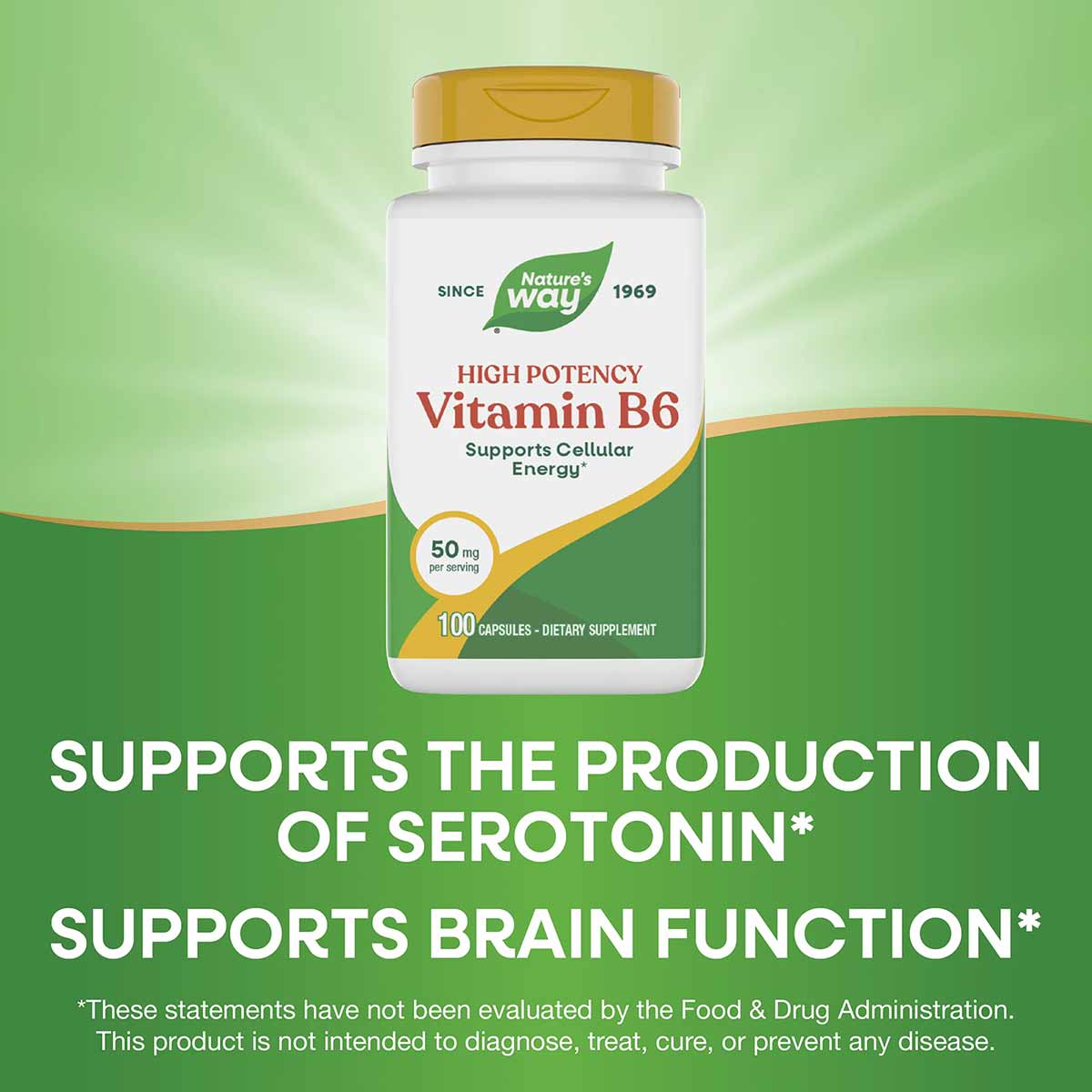 Nature's Way Vitamin B6 50 mg bottle with gold cap and green label on gradient green background.