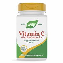 White bottle with yellow cap labeled "Nature's Way Vitamin C With Bioflavonoids," 100 capsules, 1,000 mg per serving.