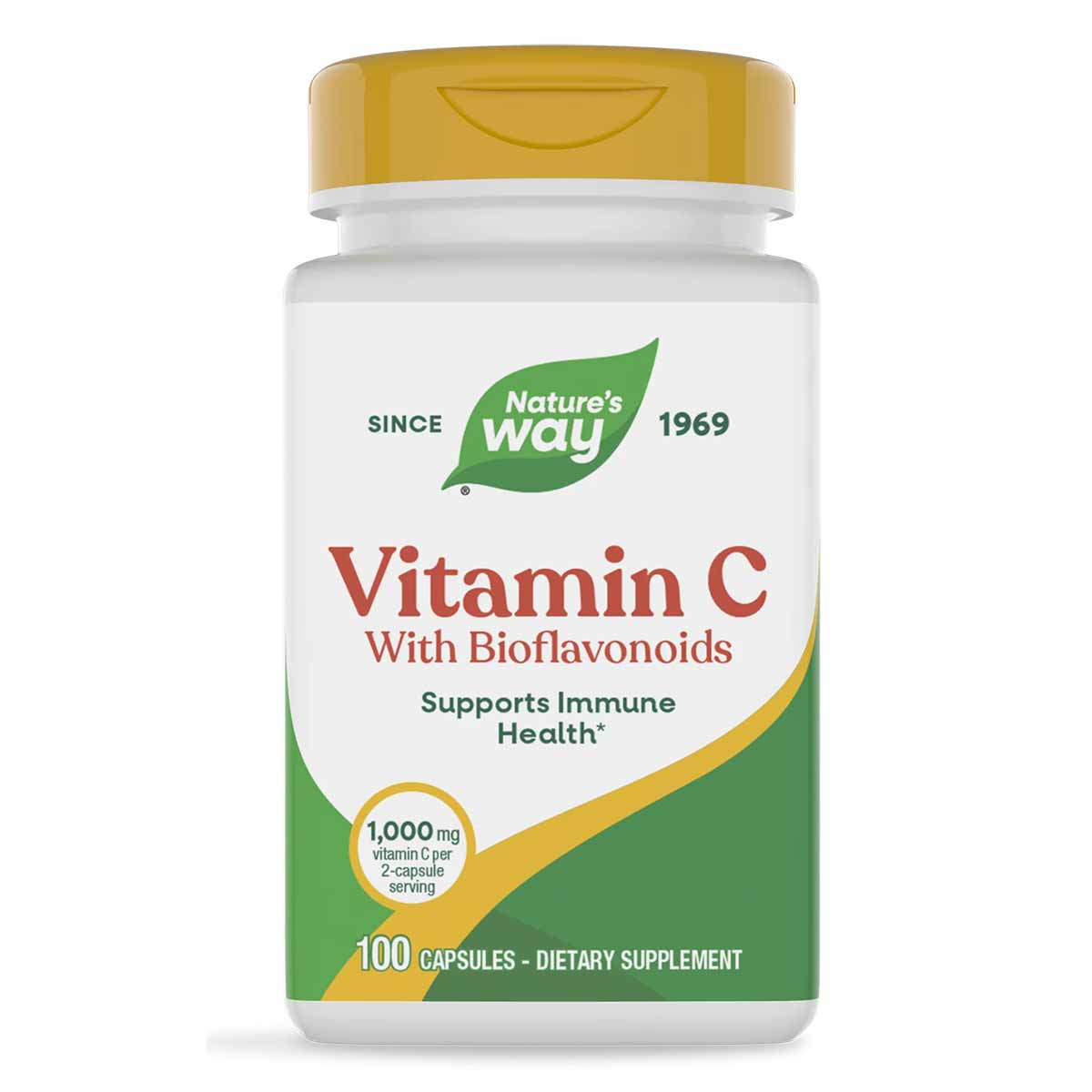 White bottle with yellow cap labeled "Nature's Way Vitamin C With Bioflavonoids," 100 capsules, 1,000 mg per serving.