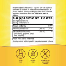 Supplement Facts label for Vitamin C with Bioflavonoids showing dosage, ingredients, and dietary attributes on yellow backgro