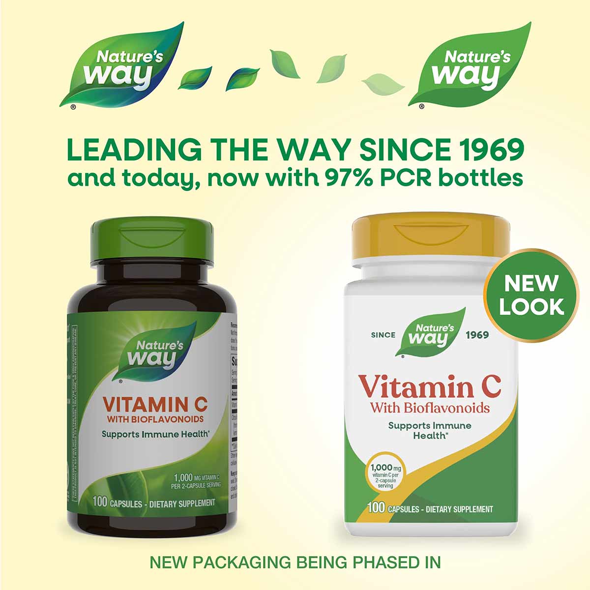 Nature's Way Vitamin C with Bioflavonoids bottles, one dark green and one white with gold cap, each containing 100 capsules.