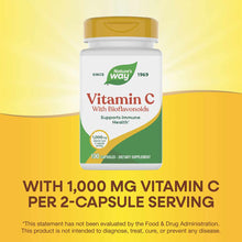Nature's Way Vitamin C with Bioflavonoids bottle containing 100 capsules with gold cap on yellow background.