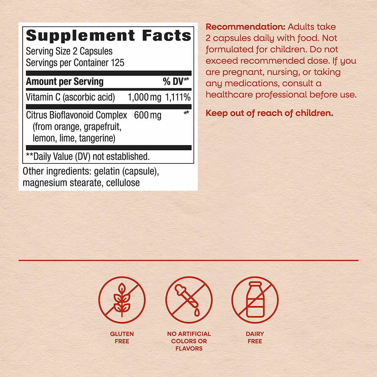Supplement facts label for Vitamin C with Bioflavonoids showing 1,000mg Vitamin C and 600mg Citrus Bioflavonoid Complex per s