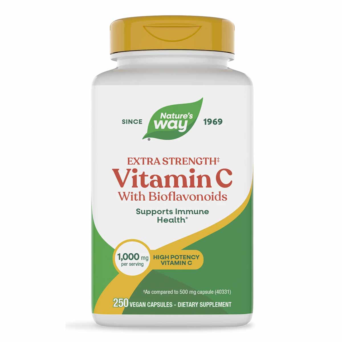 Nature's Way Vitamin C with Bioflavonoids Extra Strength bottle with gold cap containing 250 vegan capsules.