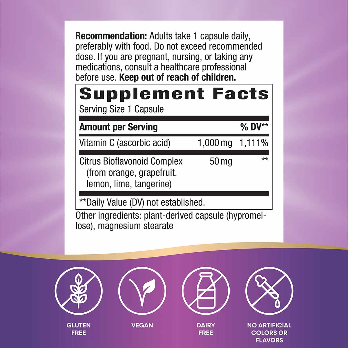 Supplement Facts label for Vitamin C with Bioflavonoids showing 1,000mg Vitamin C per capsule and product certifications incl