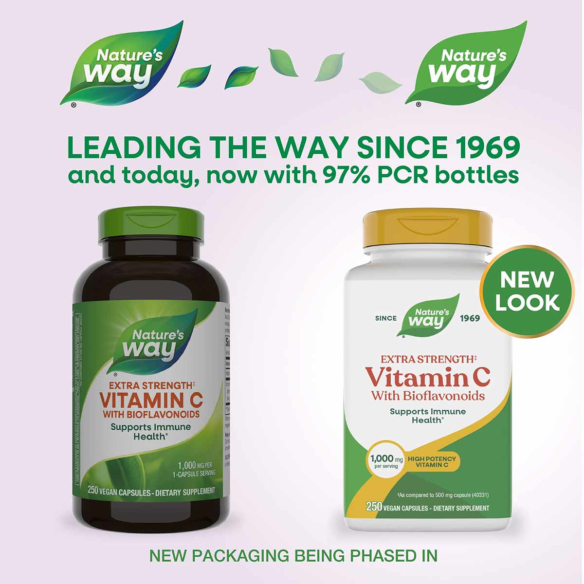 Two Nature's Way Vitamin C with Bioflavonoids bottles: dark green bottle on left, white bottle with gold cap on right, both l