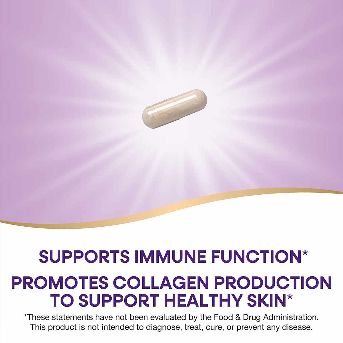 Tan capsule supplement against purple background with radiating light effect.