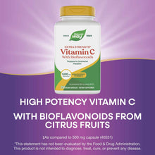 White bottle with gold cap containing Nature's Way Vitamin C with Bioflavonoids Extra Strength, 250 vegan capsules, 1,000 mg 
