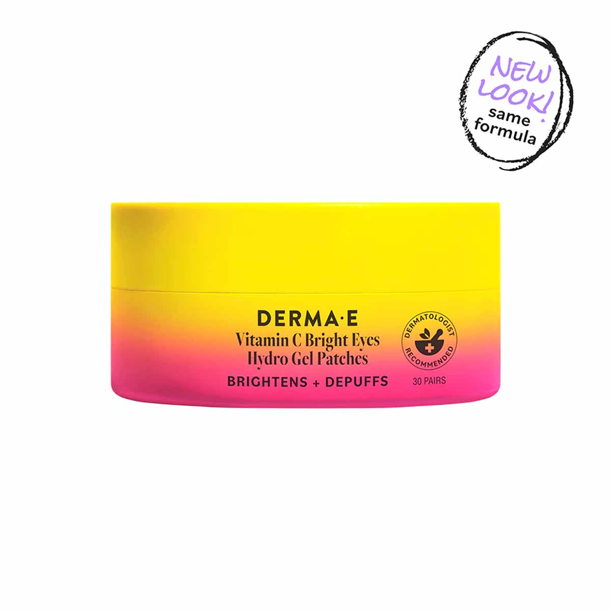Derma E Vitamin C Bright Eyes Hydro Gel Patches jar with yellow-to-pink gradient container labeled 30 pairs.