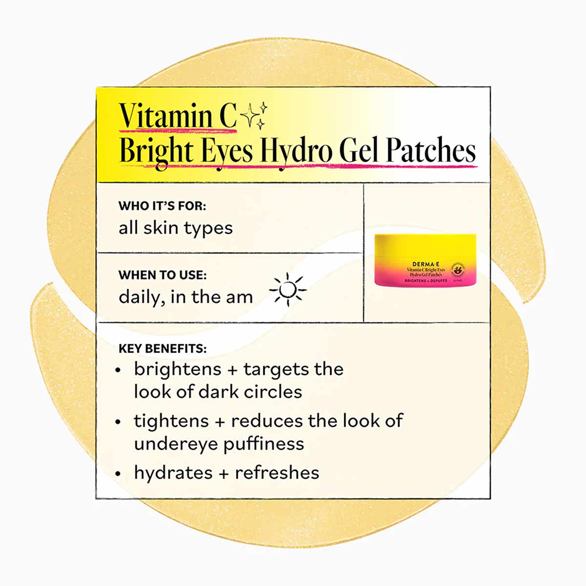Vitamin C Bright Eyes Hydro Gel Patches box with yellow gel patches and product information card displayed.