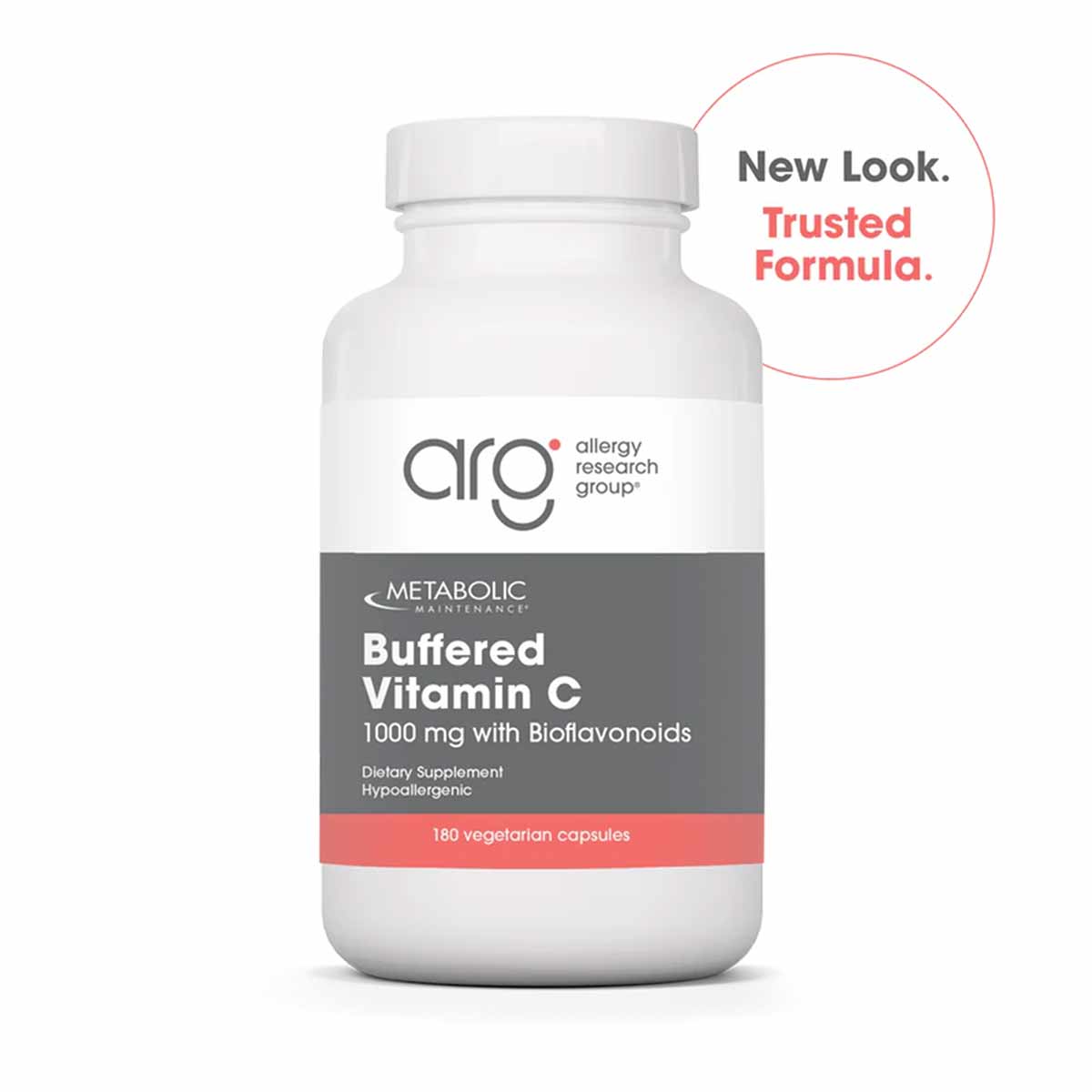 White bottle of Allergy Research Group Buffered Vitamin C 1000mg with Bioflavonoids, 180 vegetarian capsules.