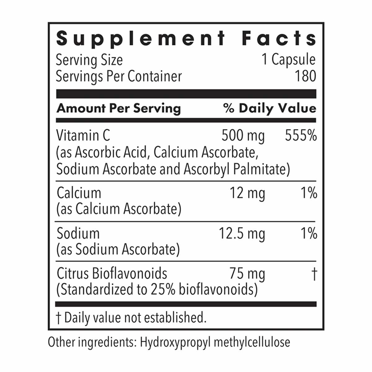 Supplement Facts label showing serving size of 1 capsule, 180 servings per container, with Vitamin C 500 mg and Citrus Biofla