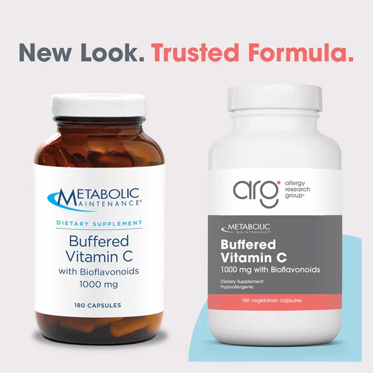 Two bottles of Buffered Vitamin C with Bioflavonoids 1,000 mg, 180 capsules each, showing old and new label designs.