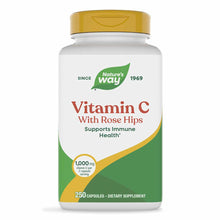 White bottle with gold cap containing Nature's Way Vitamin C with Rose Hips dietary supplement, 250 capsules.