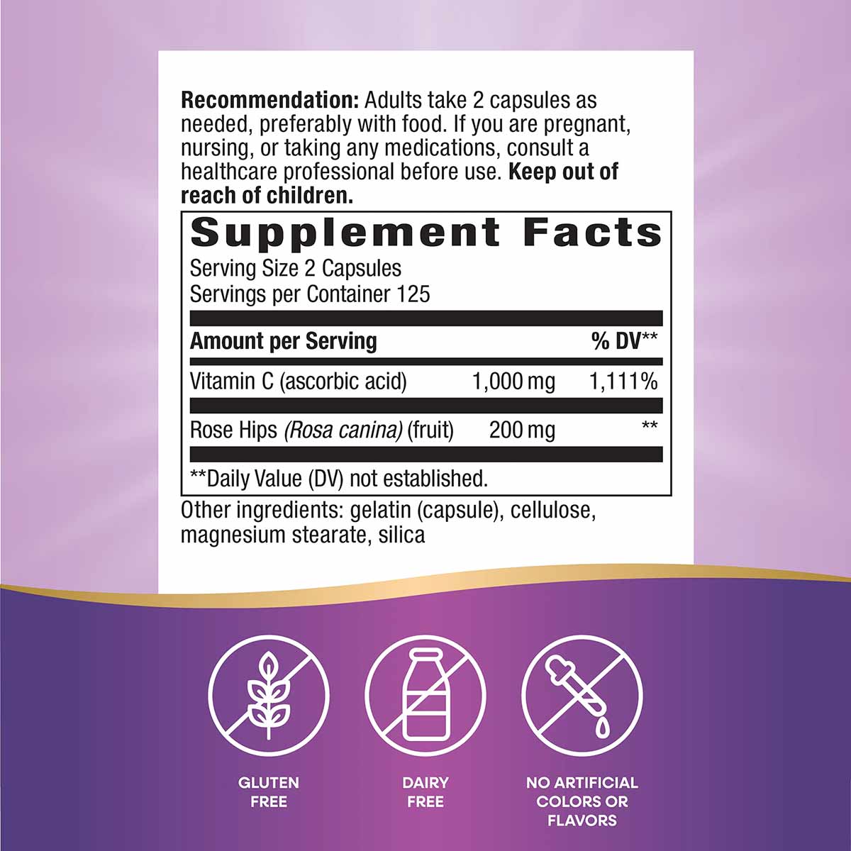 Supplement facts label showing Vitamin C 1,000mg and Rose Hips 200mg per serving, with gluten-free, dairy-free, and no artifi