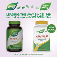 Two Natures Way Vitamin C with Rose Hips supplement bottles, one dark green and one white with gold cap, showing old and new 