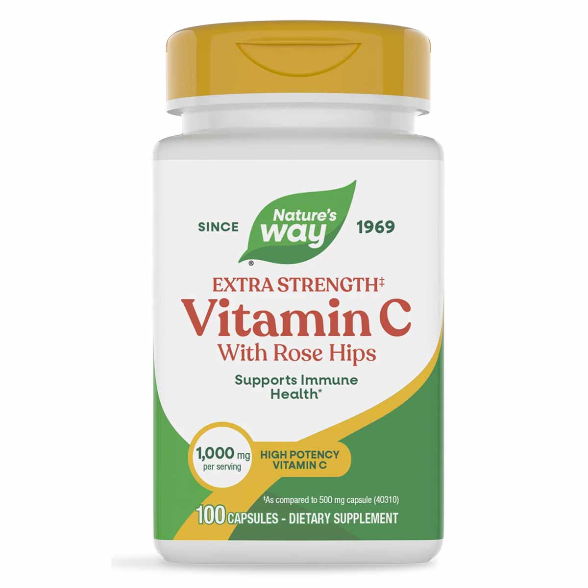 White and green bottle with yellow cap containing 100 capsules of Nature's Way Vitamin C with Rose Hips Extra Strength supple