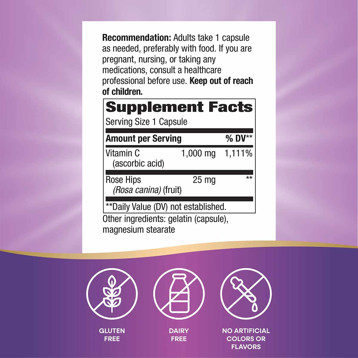 Supplement Facts label showing Vitamin C 1,000 mg and Rose Hips 25 mg per capsule, with gluten-free, dairy-free, and no artif