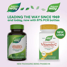 Two bottles of Nature's Way Vitamin C with Rose Hips Extra Strength capsules; dark green bottle on left, white and gold bottl