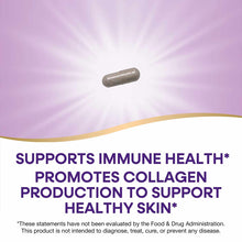 Brown capsule supplement against purple radiating background with gold curved accent and text about immune health and collage