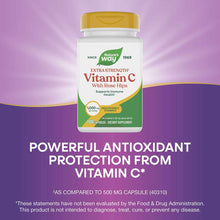 Nature's Way Vitamin C with Rose Hips Extra Strength bottle containing 100 capsules with yellow cap on purple background.