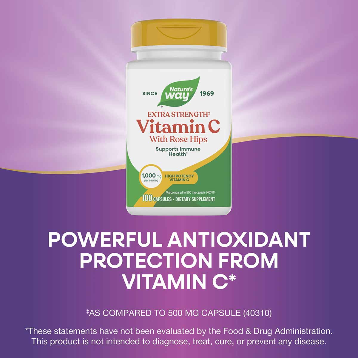 Nature's Way Vitamin C with Rose Hips Extra Strength bottle containing 100 capsules with yellow cap on purple background.