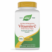 White bottle with gold cap containing Nature's Way Vitamin C with Rose Hips Extra Strength, 250 capsules, 1,000 mg per servin