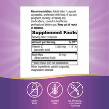 Supplement Facts label for Vitamin C with Rose Hips capsules showing 1,000 mg Vitamin C and 25 mg Rose Hips per serving, with