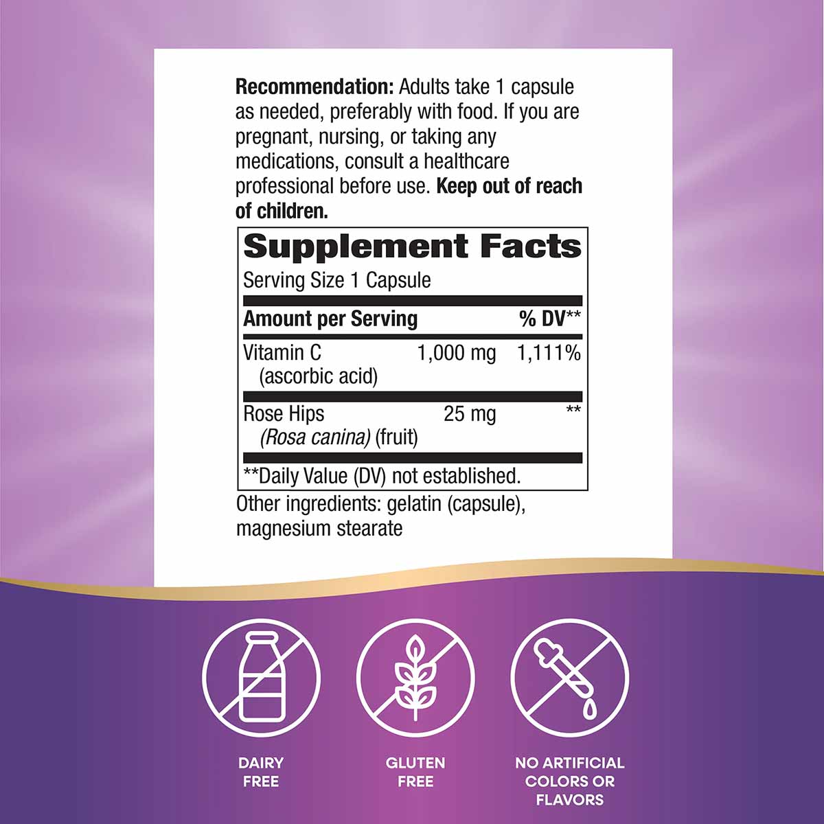 Supplement Facts label for Vitamin C with Rose Hips capsules showing 1,000 mg Vitamin C and 25 mg Rose Hips per serving, with