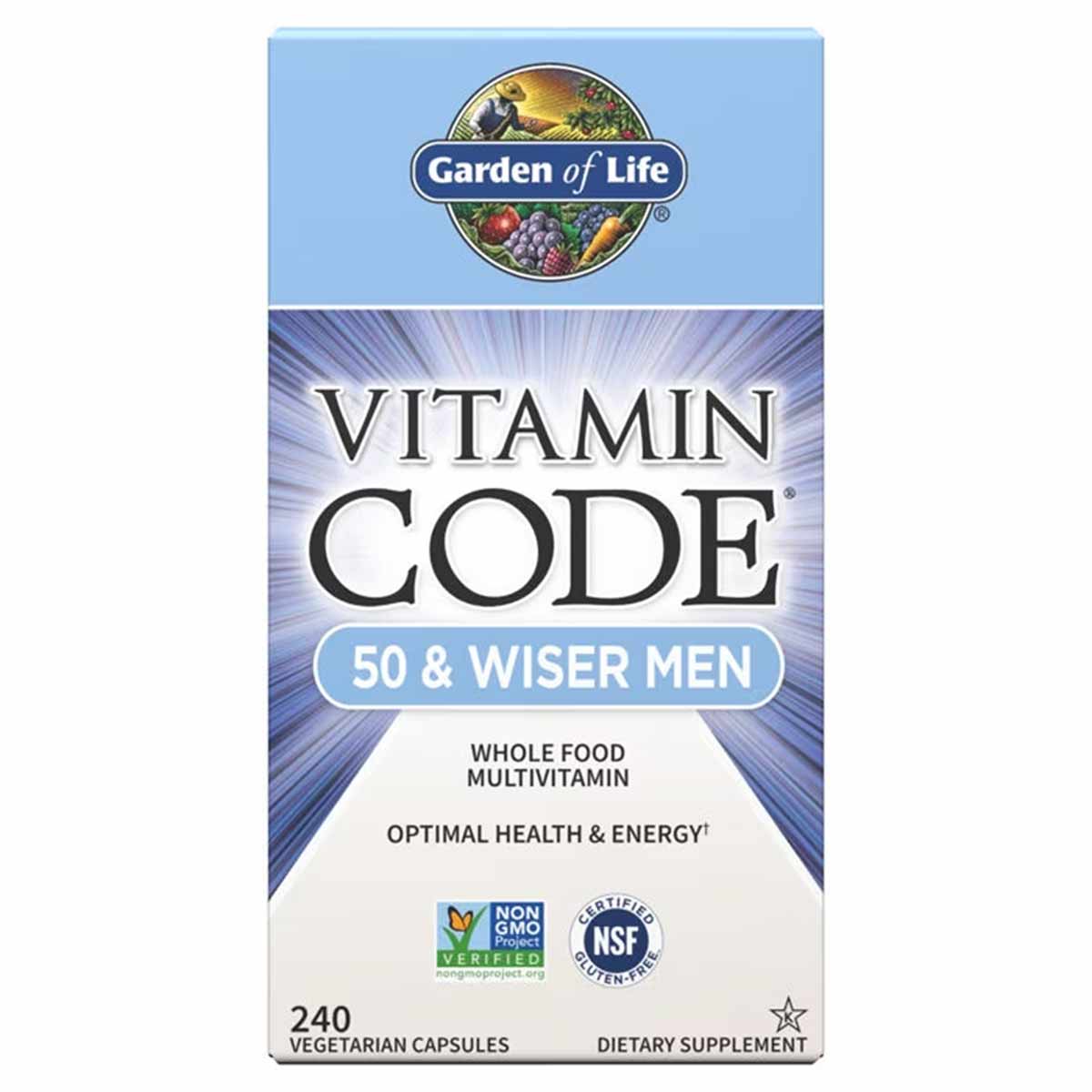 Garden of Life Vitamin Code 50 & Wiser Men multivitamin bottle containing 240 vegetarian capsules.