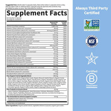 Supplement Facts label for Vitamin Code 50 & Wiser Men Multivitamin with vitamins, minerals, and certification badges.