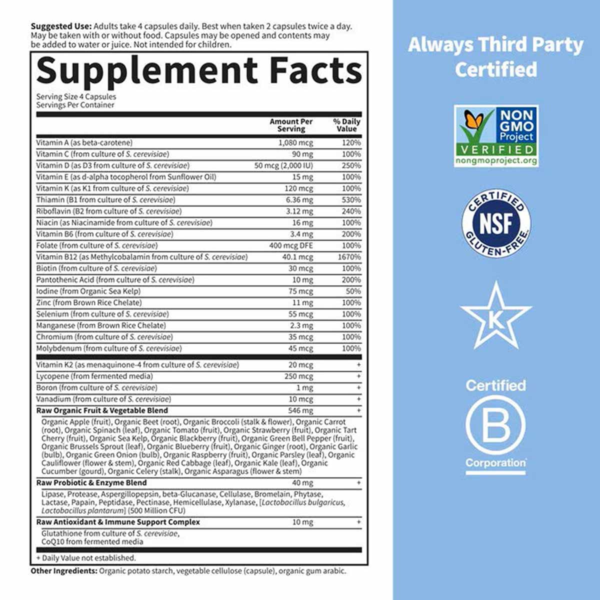 Supplement Facts label for Vitamin Code 50 & Wiser Men Multivitamin with vitamins, minerals, and certification badges.
