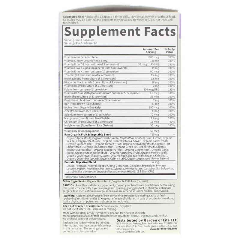 Vitamin Code Raw Prenatal Multivitamin, 180 Veg Capsules, by Garden of Life, image #2