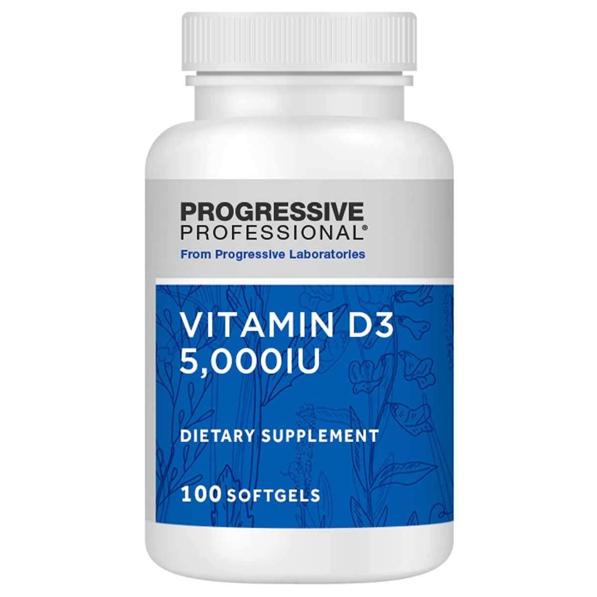 White bottle of Progressive Professional Vitamin D3 5,000 IU dietary supplement containing 100 softgels with blue label.
