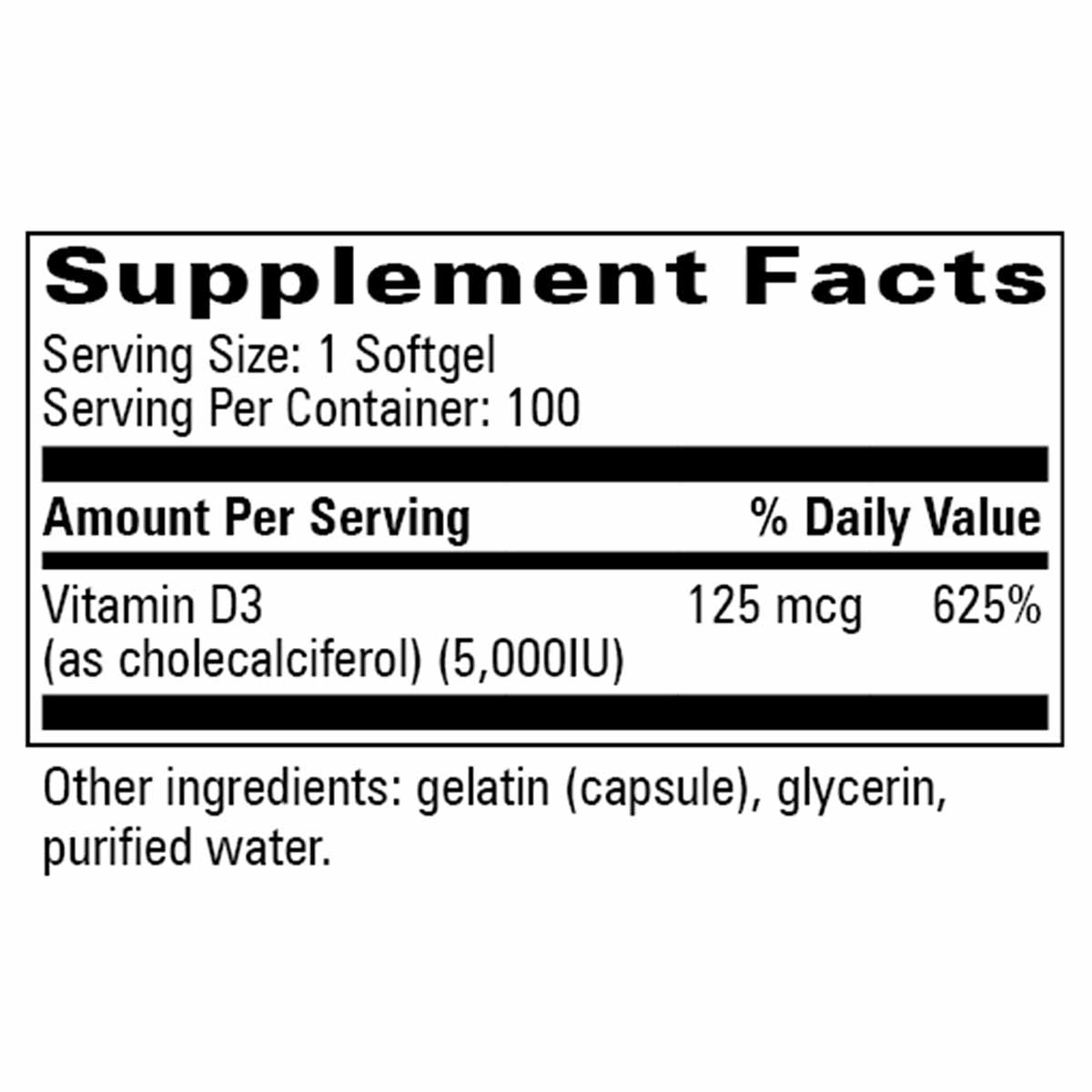 Supplement Facts label showing Vitamin D3 5,000 IU per softgel, 100 servings per container, with ingredients list.
