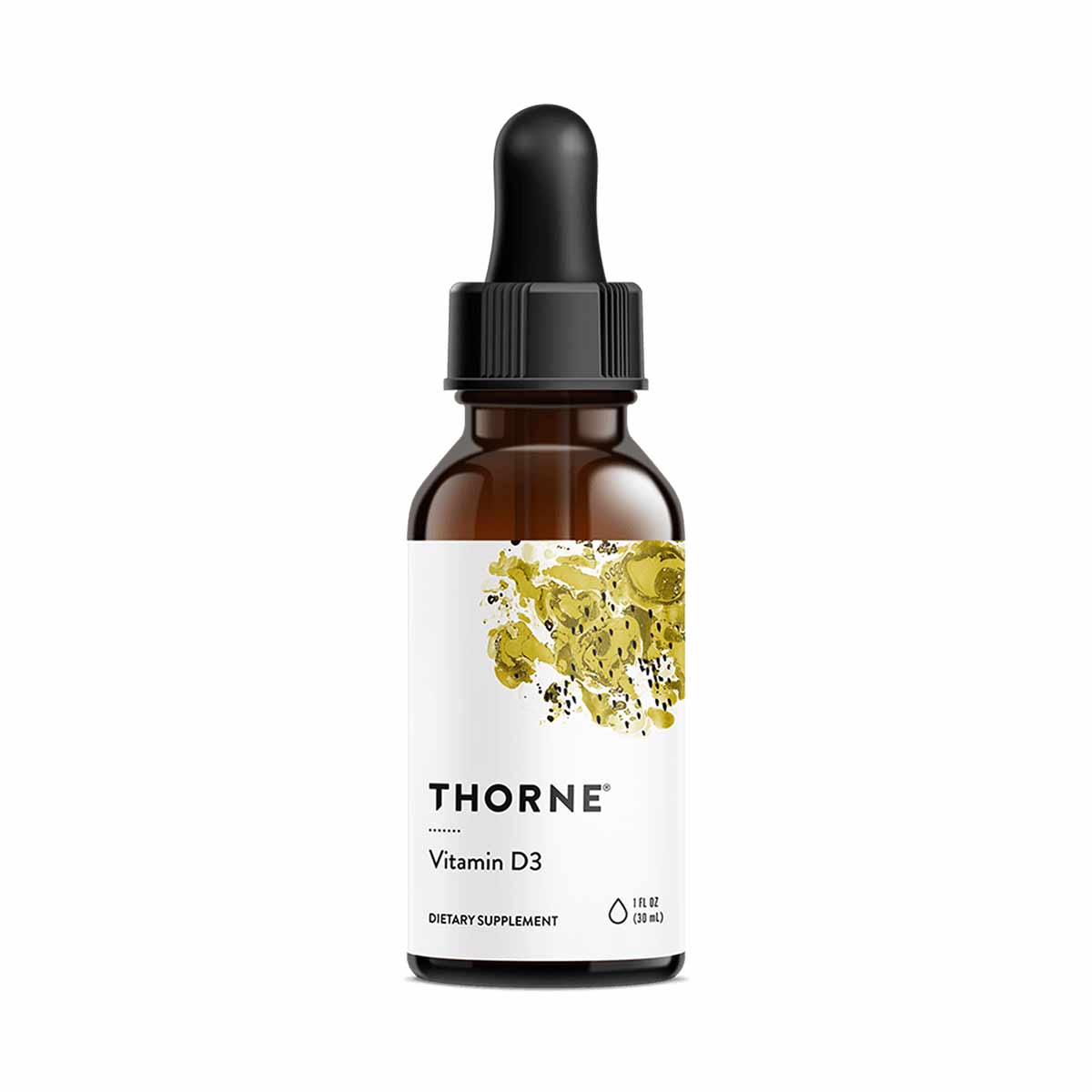 Thorne Vitamin D3 liquid supplement in a 1 oz amber glass bottle with black dropper cap and white label.