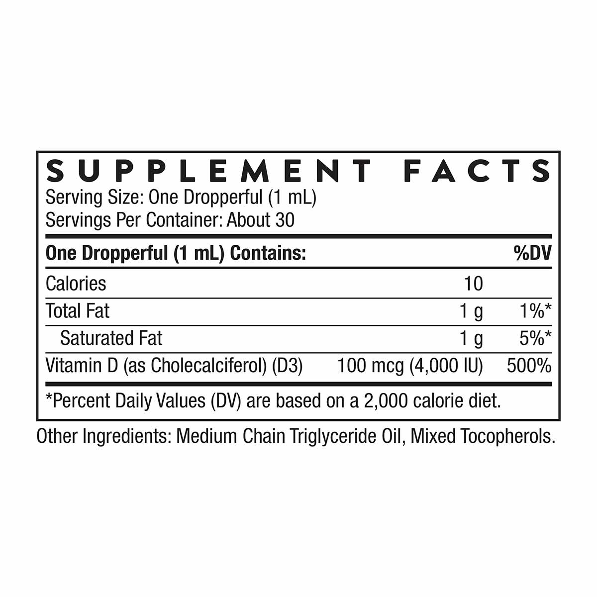 Supplement Facts label showing Vitamin D3 liquid dosage of 100 mcg per dropperful with ingredients including medium chain tri