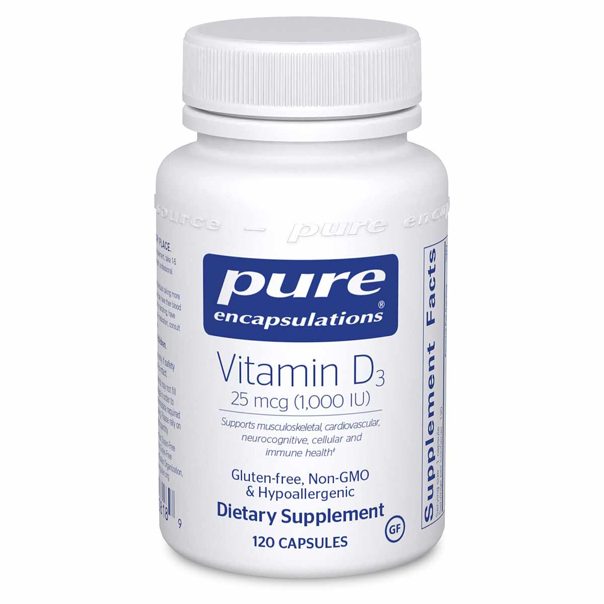 White supplement bottle with white screw cap labeled "Pure Encapsulations Vitamin D3 25 mcg (1,000 IU)" containing 120 capsul