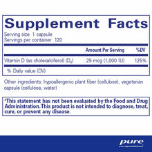 Supplement Facts label for Vitamin D3 25 mcg capsules with serving size, ingredients, and FDA disclaimer.