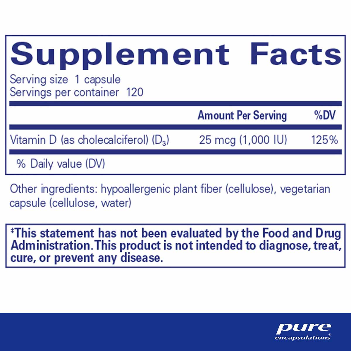 Supplement Facts label for Vitamin D3 25 mcg capsules with serving size, ingredients, and FDA disclaimer.