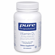 White bottle of Pure Encapsulations Vitamin D3 25 mcg (1,000 IU) dietary supplement containing 250 capsules.