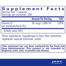 Supplement Facts label for Vitamin D3 25mcg (1,000 IU) capsules with 250 servings per container by Pure Encapsulations.