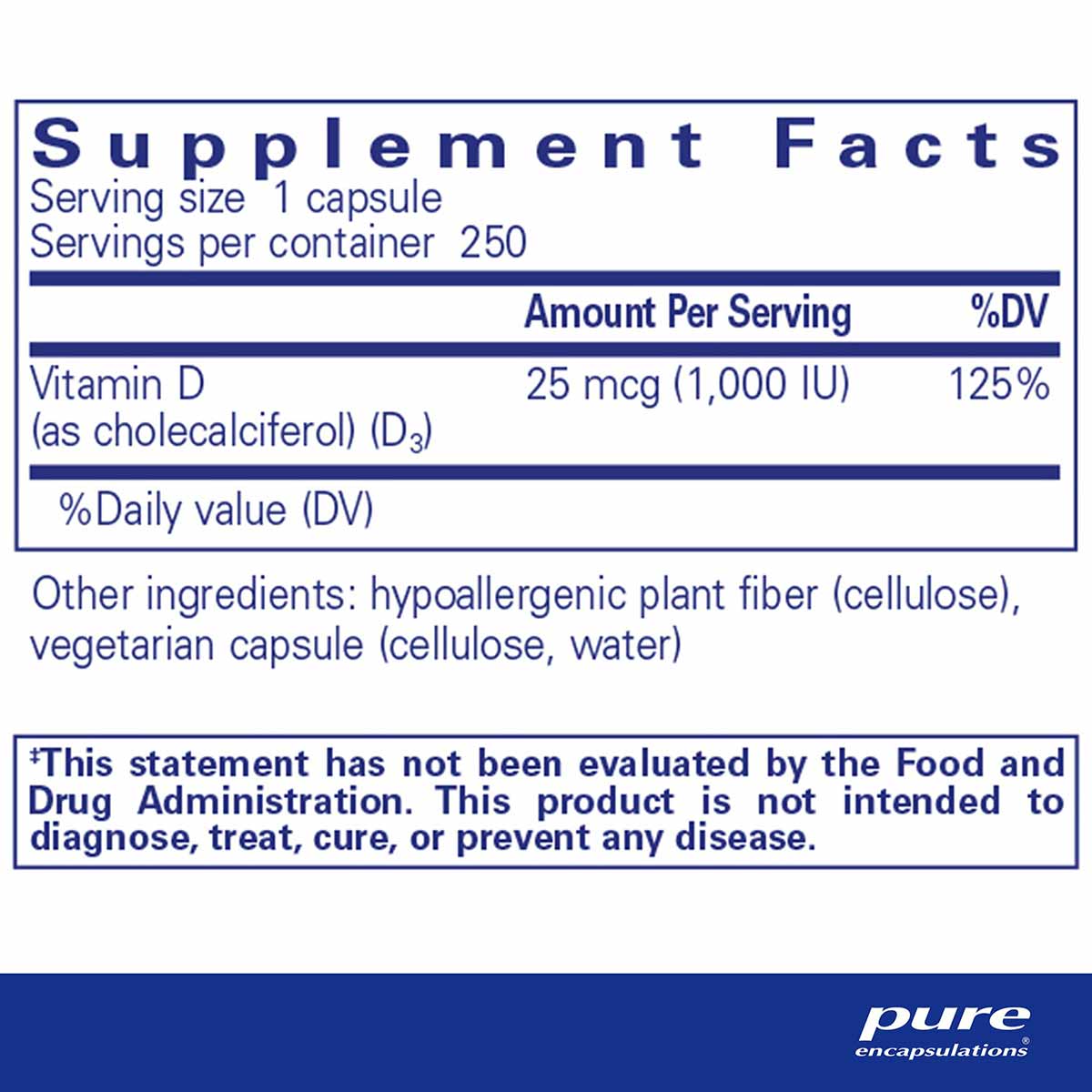 Supplement Facts label for Vitamin D3 25mcg (1,000 IU) capsules with 250 servings per container by Pure Encapsulations.