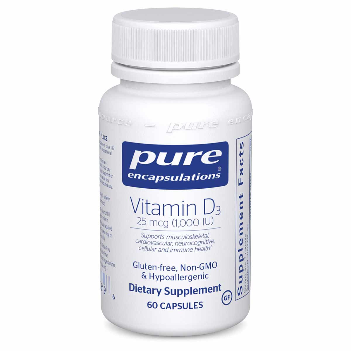 White bottle of Pure Encapsulations Vitamin D3 (25mcg/1000 IU) dietary supplement containing 60 capsules with white screw-top
