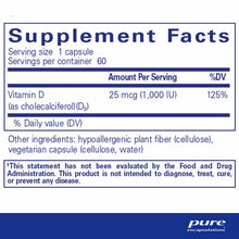 Supplement Facts label for Vitamin D3 1000 IU capsules showing serving size, ingredients, and daily value information.