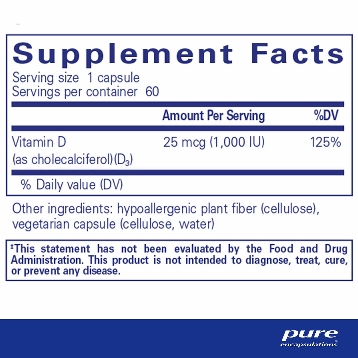 Supplement Facts label for Vitamin D3 1000 IU capsules showing serving size, ingredients, and daily value information.